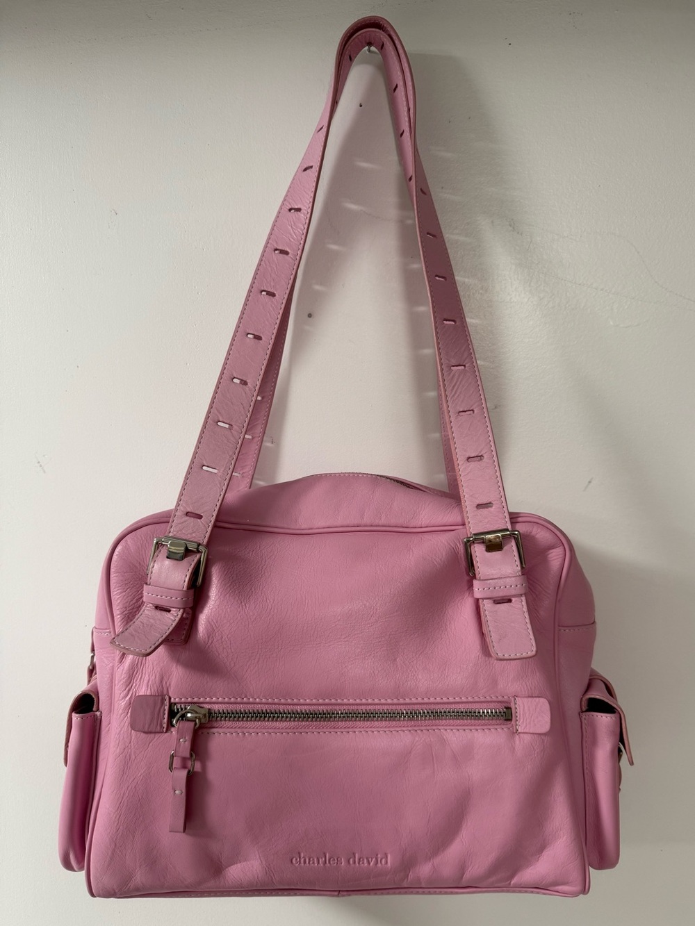 Charles David Pink Leather Shoulder Bag with Buckle Straps